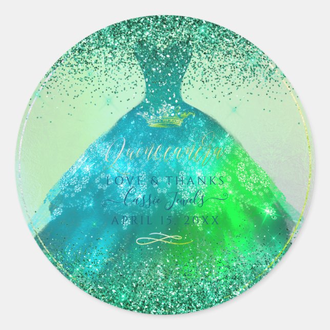 Quinceañera Peacock Sparkle Gown Classic Round Sticker (Front)