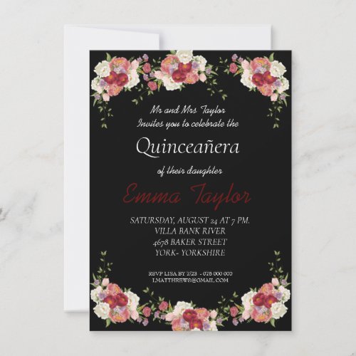 Quinceaera Peony Floral Black Birthday  Invitation