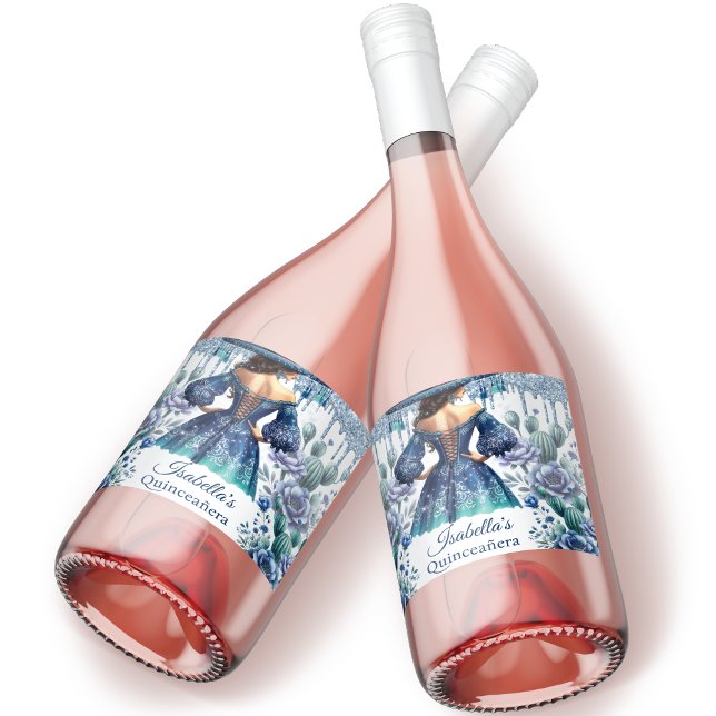 Quinceañera Personalized Beautiful Blue Sparkling Wine Label (Creator Uploaded)