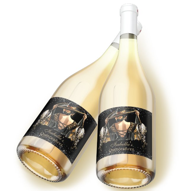 Quinceañera Personalized Luxury Black Gold Sparkling Wine Label (Creator Uploaded)