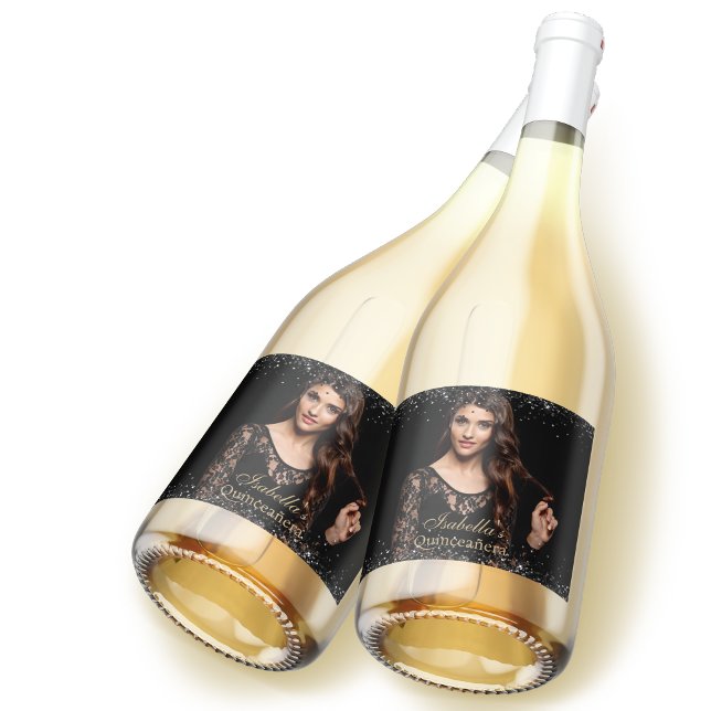 Quinceañera Personalized Photo Luxury Black Gold Sparkling Wine Label (Creator Uploaded)