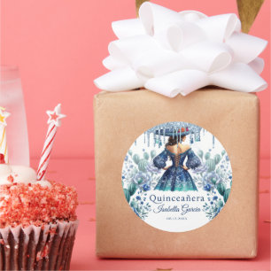 Quinceañera Personalized Watercolor Blue Mexican Classic Round Sticker
