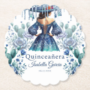 Quinceañera Personalized Watercolor Blue Mexican Paper Coaster