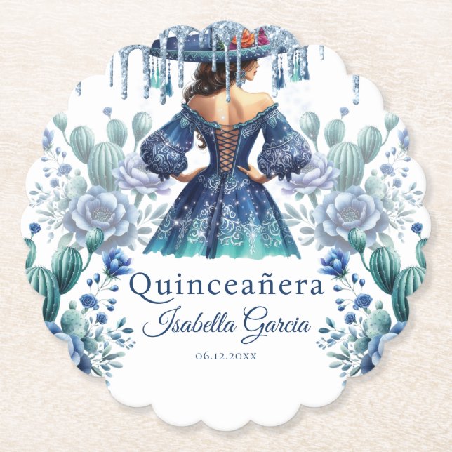 Quinceañera Personalized Watercolor Blue Mexican Paper Coaster (Front)