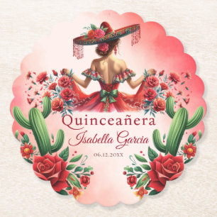Quinceañera Personalized Watercolor Red Mexican Paper Coaster