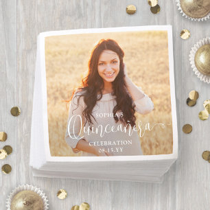 Quinceañera Photo and Modern Trendy White Script Napkins