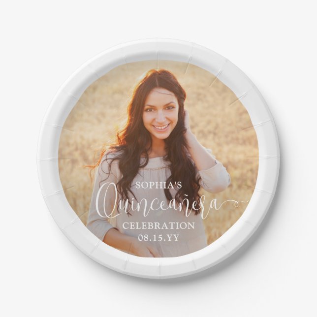 Quinceañera Photo and Modern Trendy White Script Paper Plates (Front)
