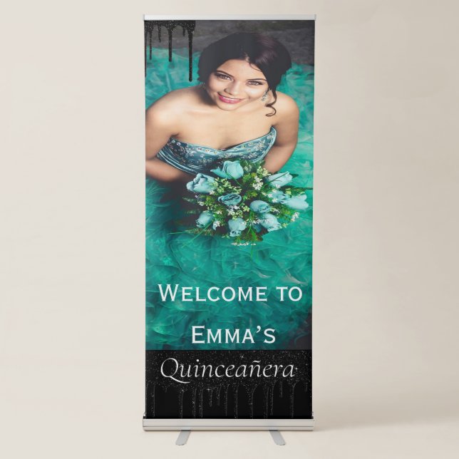 Quinceañera Photo Birthday Party Drips Welcome  Retractable Banner (Front)