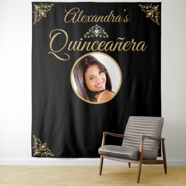 Quinceanera Photo Black Gold Tiara Birthday Party Tapestry (In Situ)