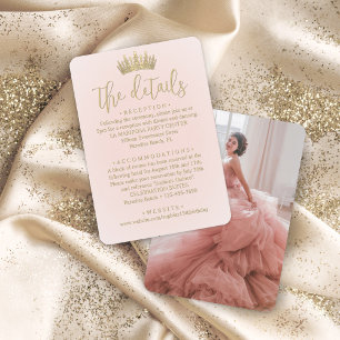 Quinceañera Photo Blush Pink & Gold Crown Details Enclosure Card