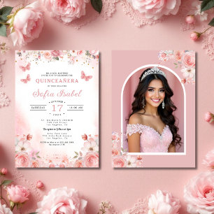 Quinceañera Photo Blush Pink Rose Floral Invitation