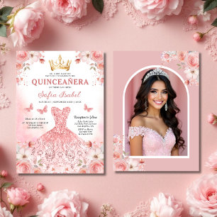 Quinceañera Photo Blush Pink Rose Floral Invitation