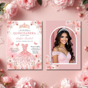 Quinceañera Photo Blush Pink Rose Floral Invitation
