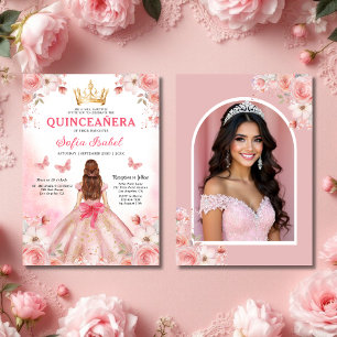 Quinceañera Photo Blush Pink Rose Floral Invitation