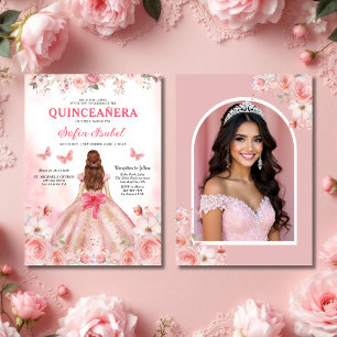Quinceañera Photo Blush Pink Rose Floral Invitation