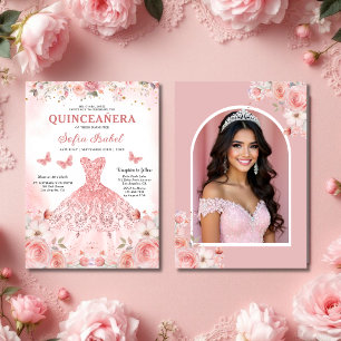 Quinceañera Photo Blush Pink Rose Floral Invitation