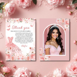 Quinceañera Photo Blush Pink Rose Floral Thank You