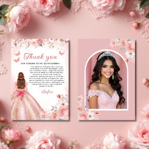 Quinceañera Photo Blush Pink Rose Floral Thank You Card