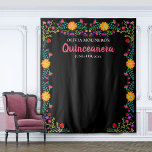 Quinceanera Photo Booth Backdrop Mexican Flowers<br><div class="desc">Colorful Quinceanera Party photo booth backdrop, personalized with your name and celebration date. This large black wall hanging is a great size for your photo backdrop, where you can take keepsake snaps of yourself and your guests. The Mexican Fiesta flowers make a lovely floral frame for your photo background. This...</div>