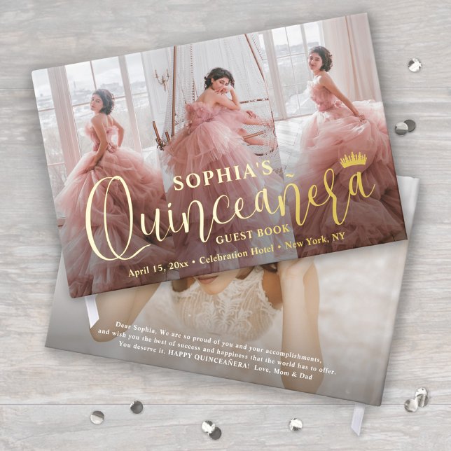 Quinceañera Photo Collage Modern Script Keepsake Foil Guest Book (Creator Uploaded)