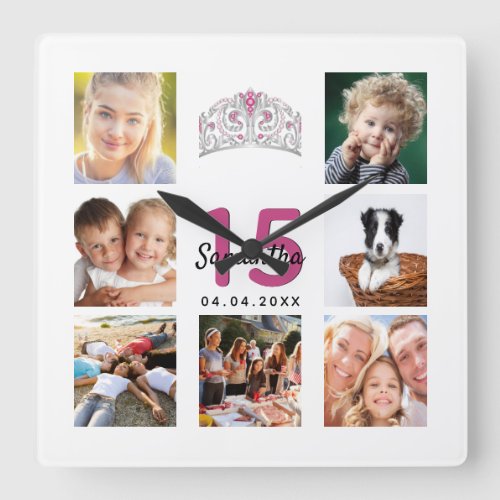 Quinceanera photo collage tiara white pink square wall clock