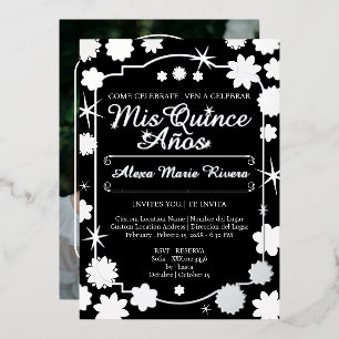 Quinceanera Photo Floral Gold Silver Foil Glam Invitation