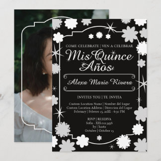 Quinceanera Photo Floral Gold Silver Rose Glam Invitation