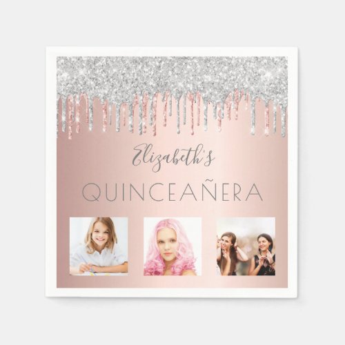 Quinceanera photo glitter pink silver rose gold napkins