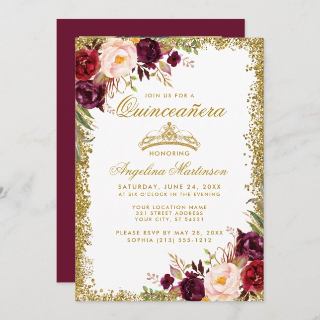 Quinceanera Photo Gold Burgundy Floral Crown Invitation (Front/Back)