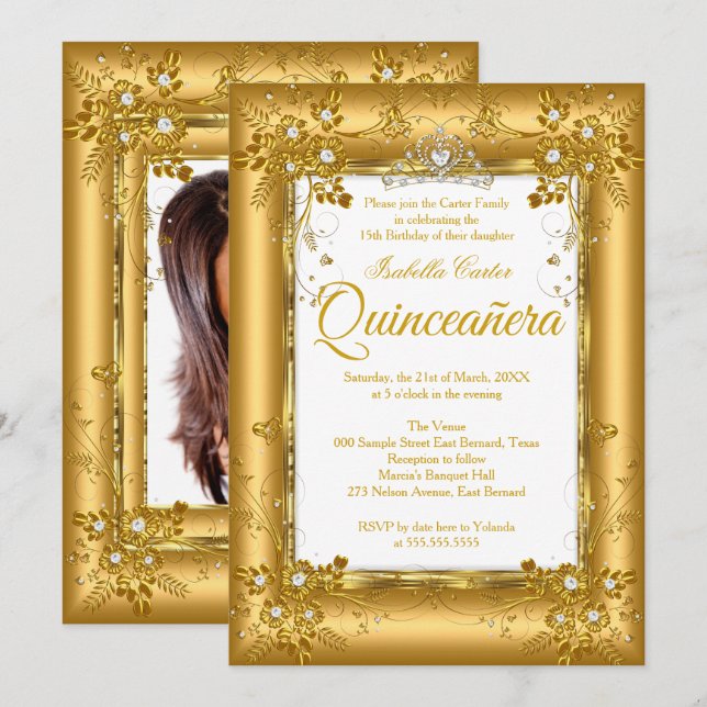 Quinceanera Photo Gold Diamond Tiara Party Invitation (Front/Back)