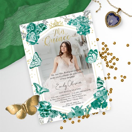 Quinceanera Photo Invitation Emerald Green Floral