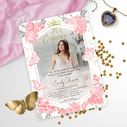 Quinceanera Photo Invitation Pink Floral Gold Foil