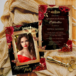 Quinceanera Photo Masquerade Party Red Rose Gold  Foil Invitation
