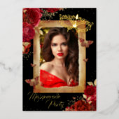 Quinceanera Photo Masquerade Party Red Rose Gold  Foil Invitation (Front)