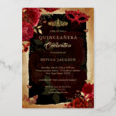 Quinceanera Photo Masquerade Party Red Rose Gold  Foil Invitation (Back)
