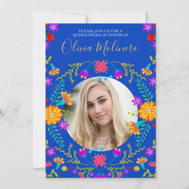 Quinceanera Photo Mexican Fiesta Floral Royal Blue Invitation (Front)