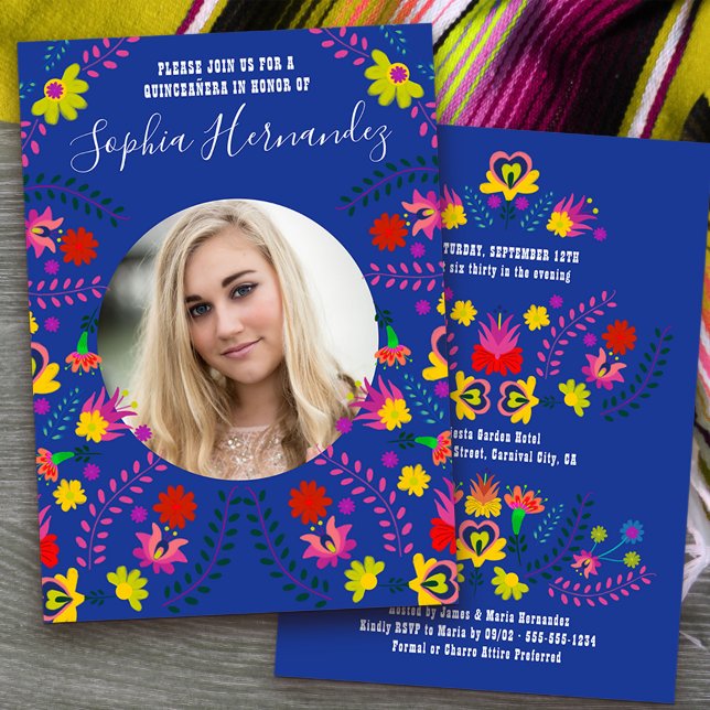 Quinceanera Photo Mexican Fiesta Party Blue Invitation
