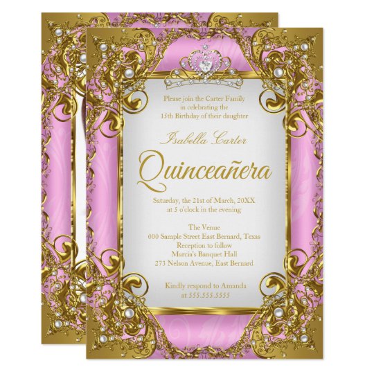Quinceanera Photo Pink White Golden Pearl Tiara Invitation | Zazzle.com