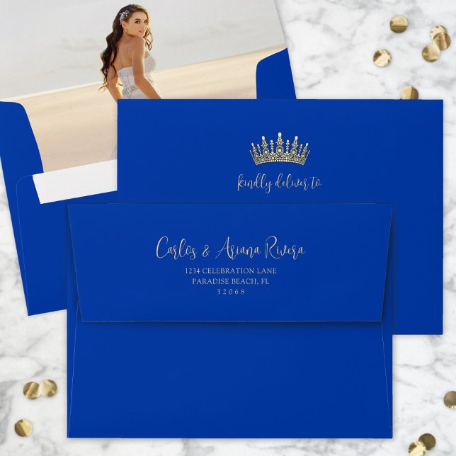 Quinceañera Photo Pre-Addressed Royal Bue and Gold Envelope (Creator Uploaded)