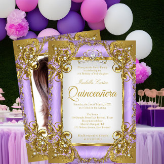 Quinceanera Photo Purple White Golden Pearl Tiara Invitation