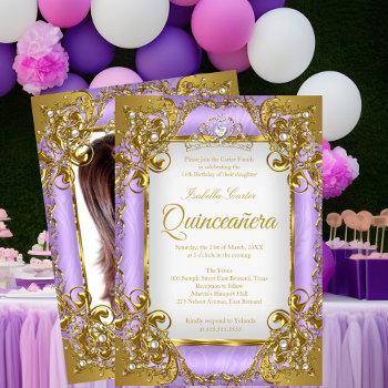 Quinceanera Photo Purple White Golden Pearl Tiara Invitation by Zizzago at Zazzle