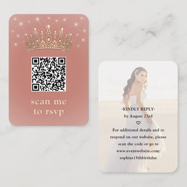 Quinceañera Photo QR RSVP Rose Gold Crown Scan Me Enclosure Card (Front/Back)