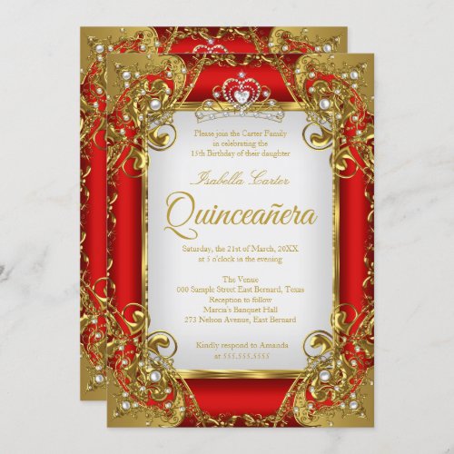 Quinceanera Photo Red Golden Pearl Tiara Party Invitation