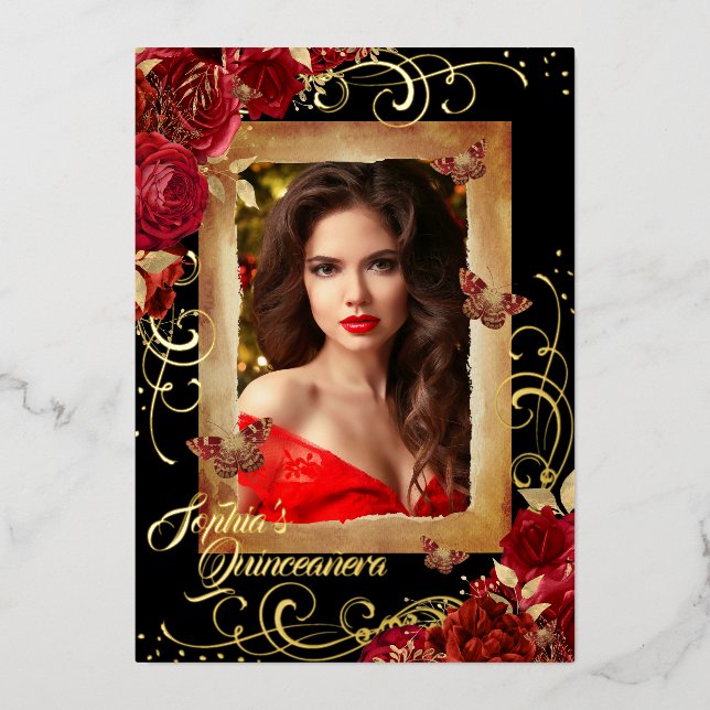 Quinceanera Photo Red Rose Gold Butterfly  Foil Invitation (Front)