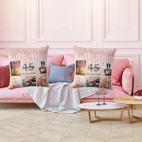 Quinceanera photo rose gold glitter blush pink throw pillow