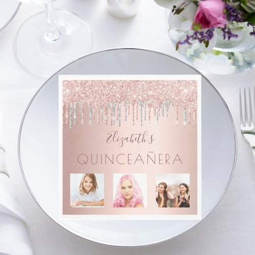Quinceanera photo rose gold glitter pink silver napkins