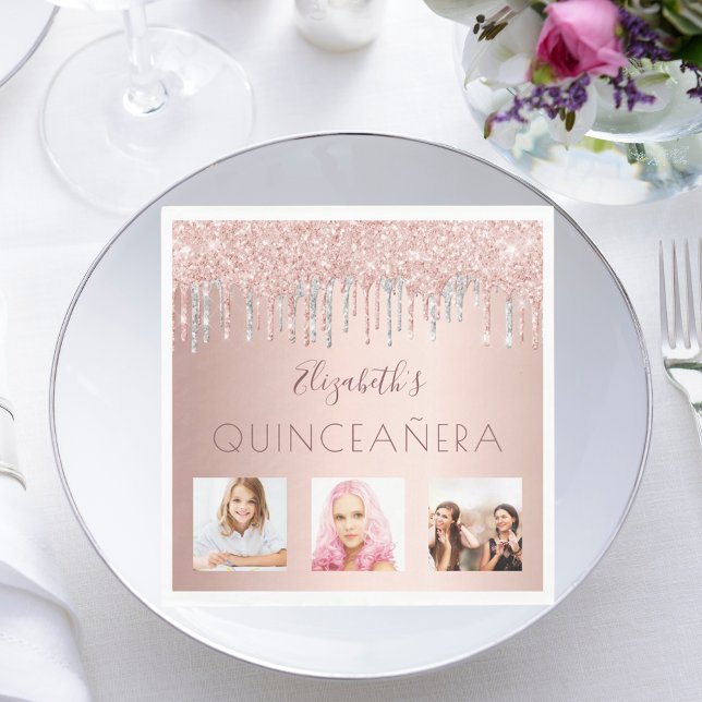 Quinceanera photo rose gold glitter pink silver napkins (Creator Uploaded)