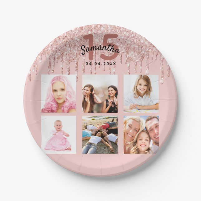 Quinceanera photo rose gold pink drips paper plates (Front)