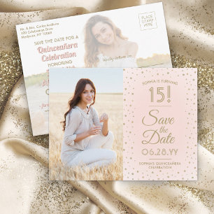 Quinceañera Photo Save the Date Pink Gold Glitter Invitation Postcard