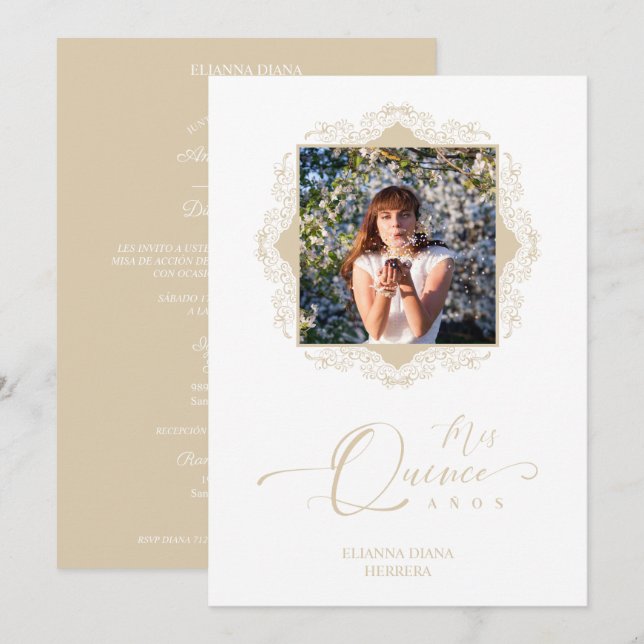Quinceanera Photo Spanish Golden Lace Effect Invitation (Front/Back)